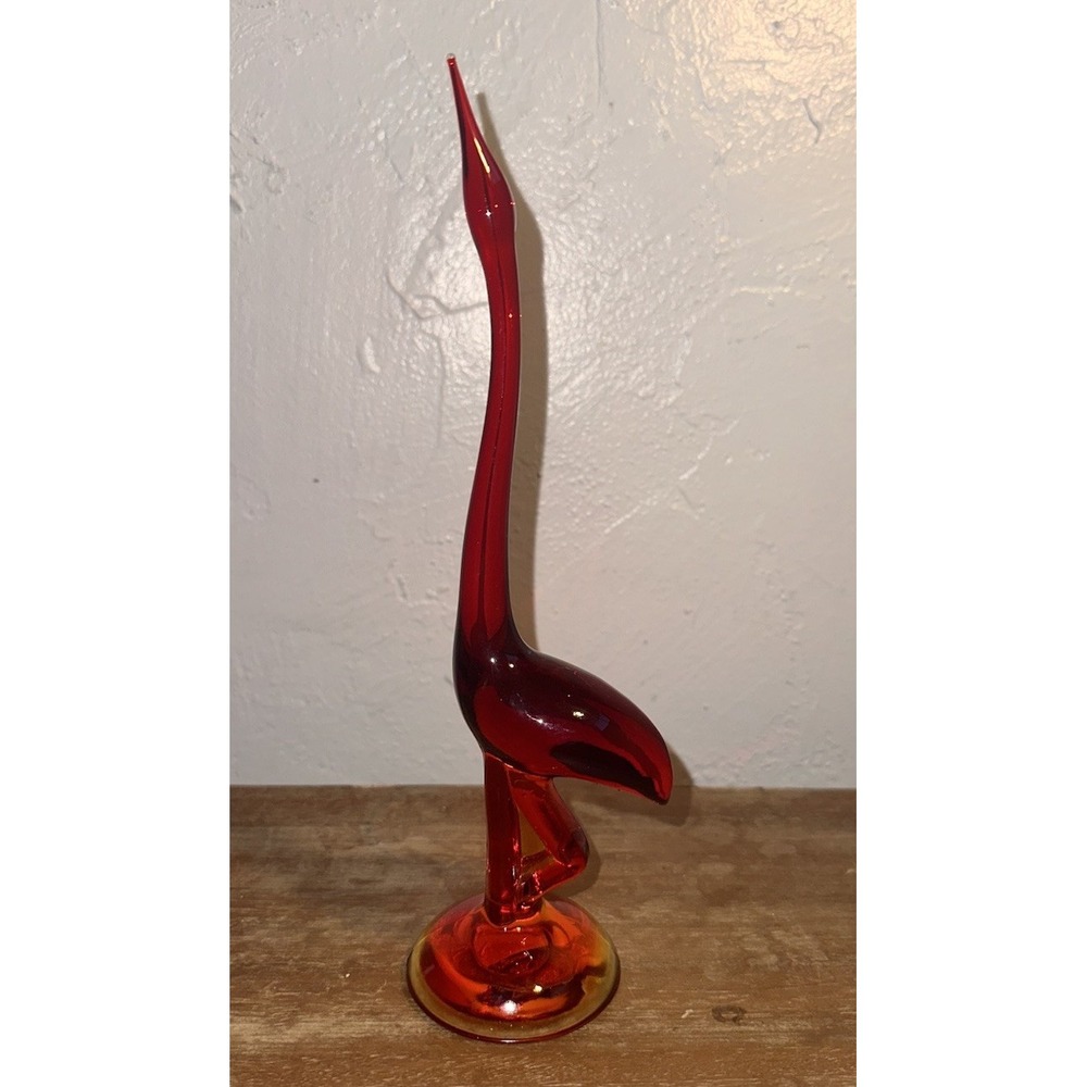 HTF Vintage MCM Viking Glass Egret In Ruby 11" W/label Scarce